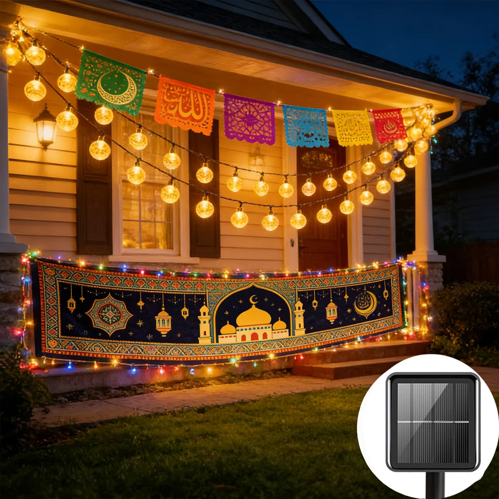 

Solar String Lights Outdoor 8 Modes Crystal Globe Lights for Garden Lawn Porch Decor Camping Eid Mubarak Ramadan