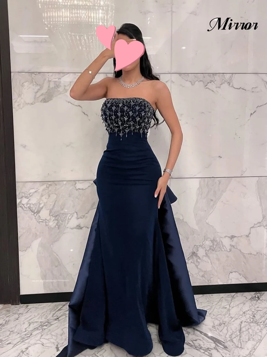 

Mirror Dress Elegant Vintage Sweet Navy Blue Mermaid Crystal Beads Customized Formal Occasion Prom Dress Evening Party Gowns