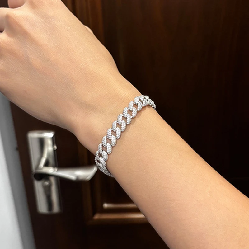 EWYA Full 1.1mm D Color Moissanite Cuban Bracelet For Man Women 925 Silver Pass Diamond Test 9.3mm Wide Link Chain Bracelets