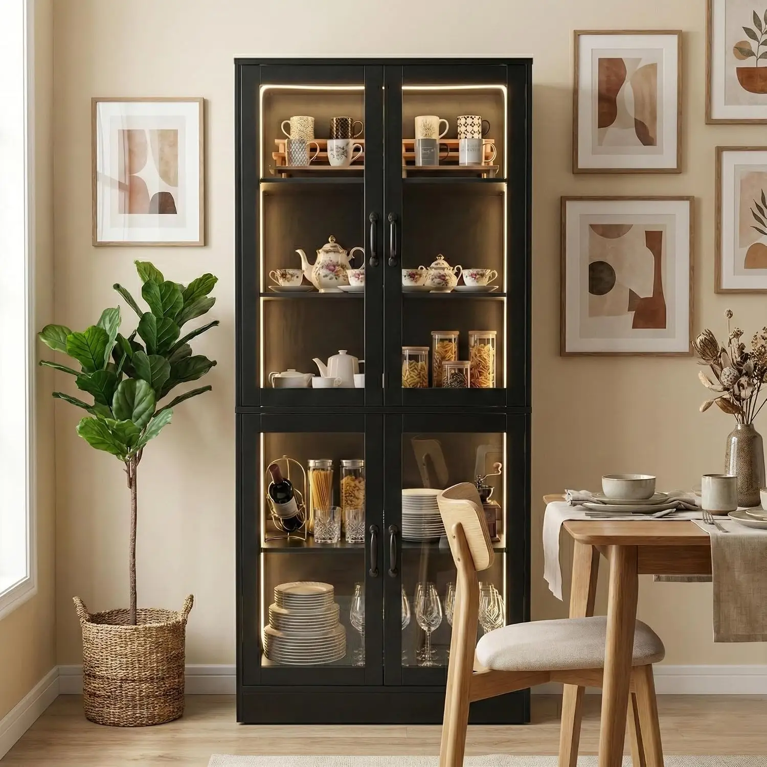 5-Tier Glass Door Display Cabinet LED Lights 65" Tall 4-Door Storage Bookshelf Living Room Home Office, Customized - view 5