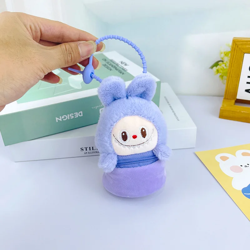 Kawaii labubu bolsa de moedas de pelúcia mini labubu saco de armazenamento de fone de ouvido chaveiro moda mochila macia pingente menina & criança presentes de férias