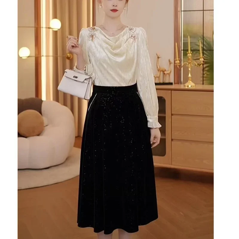 Women  New Round Neck Pullover Chiffon Shirt Fashion Elegant Embroidered Solid Shirt Slim Fit Versatile Long Sleeved Tops ZT60