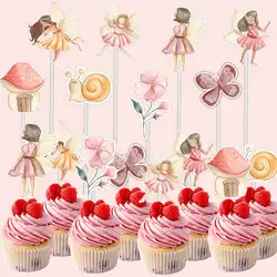 24Pcs Butterfly Fairy Cake Toppers Carton Insect Paper Topper For Girl's Butterfly Fairy Happy Birthday Party Cake Decorations
