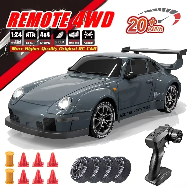 4WD RC Drift Car 1:24 Remote Control Car 2.4G 20km/h High Speed Racing Car with Drift Tires Roadblocks And LED Lights Toys Gifts