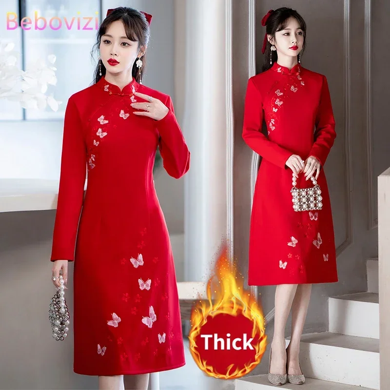 

New Autumn Winter Thick Modern Improved Retro Embroidery Cheongsam Chinese Traditional Qipao Dress for Women CNY