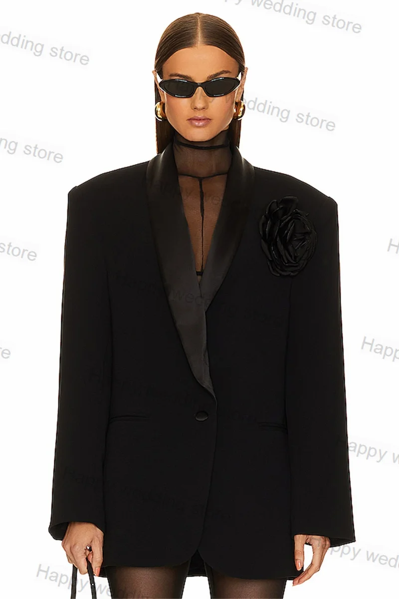 Traje negro para mujer, falda larga, Blazer, vestido de graduación, chaqueta Formal de oficina, 3D esmoquin con flores de boda, abrigo de algodón hecho a medida, 1 pieza