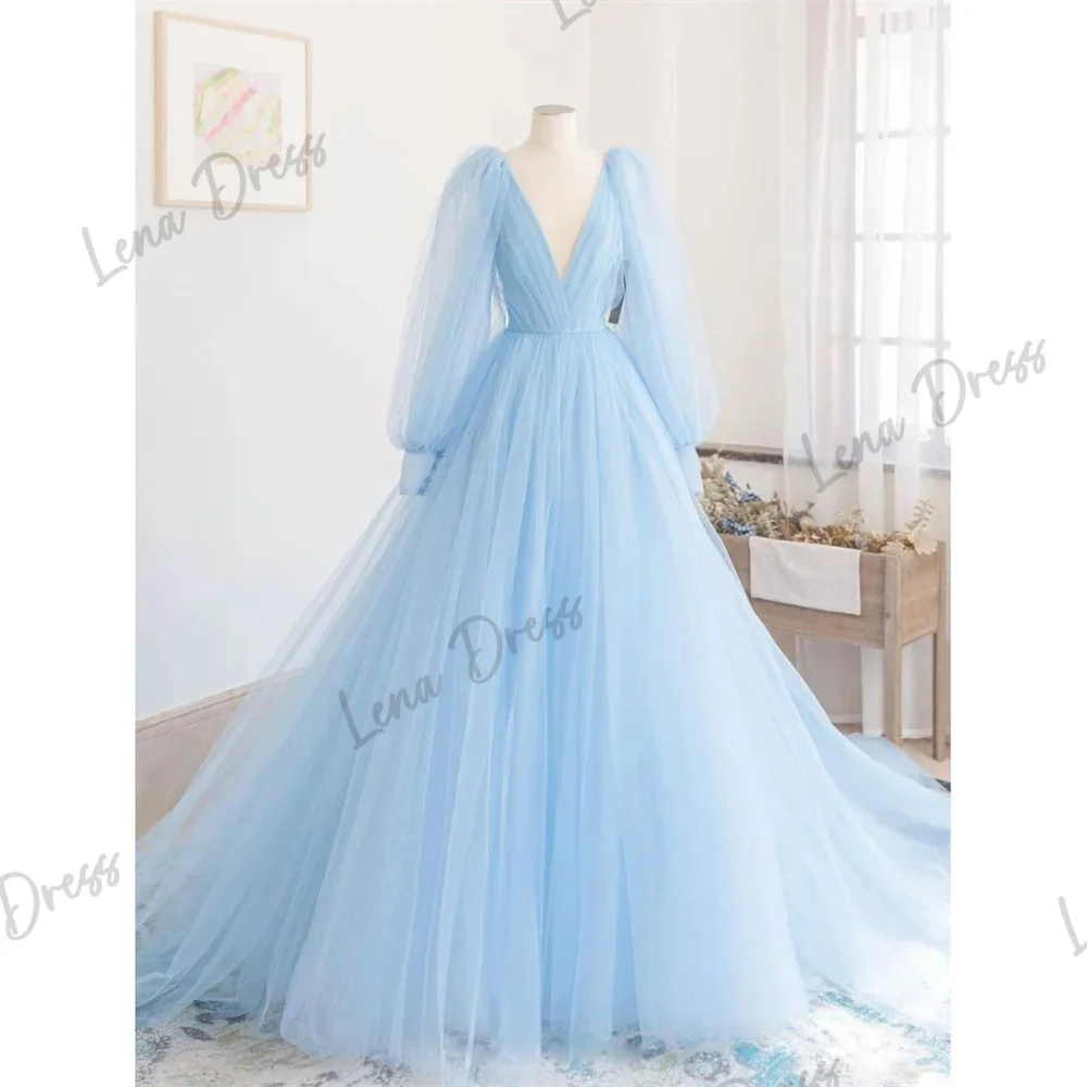 

Lena Sky Blue Evening Dress Mesh V-neck Full Sleeve Elegant Ball Dress Court Train Wedding Evening Dress