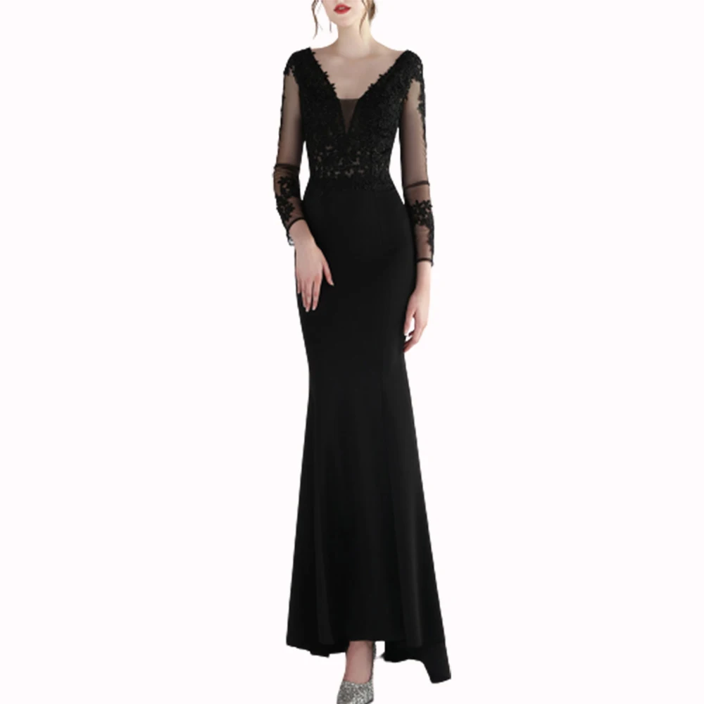 

Long Sleeves Black Prom Dresses Stretch Mermaid Women Sequin Appliques Formal Party Gown V Neck Hot Drill Evening Dress Backless