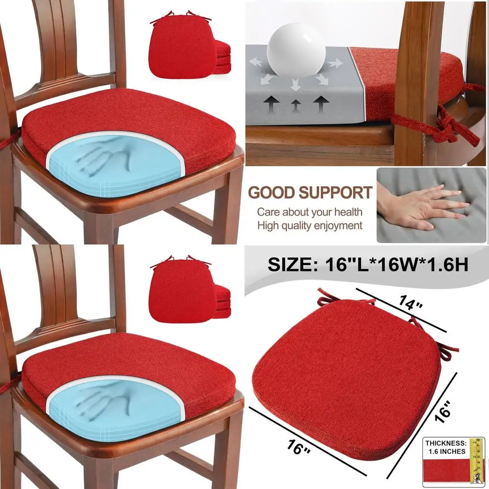 

Set of 4 Red U-Shape Memory Foam Cushions for Dining Chairs - Comfortable Kitchen Seat Pads with Woven Fabric Cover