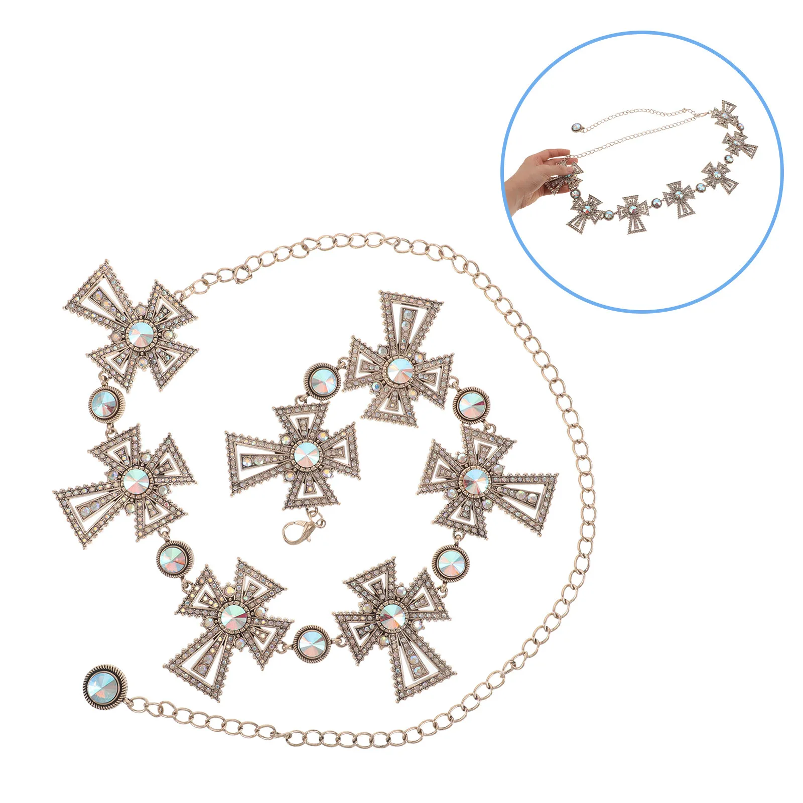 Golden Cross Pendant Waist Chain Belt Adjustable Rhinestone Body Chain for Women Long Metal Link Punk Cross Belt Western Style