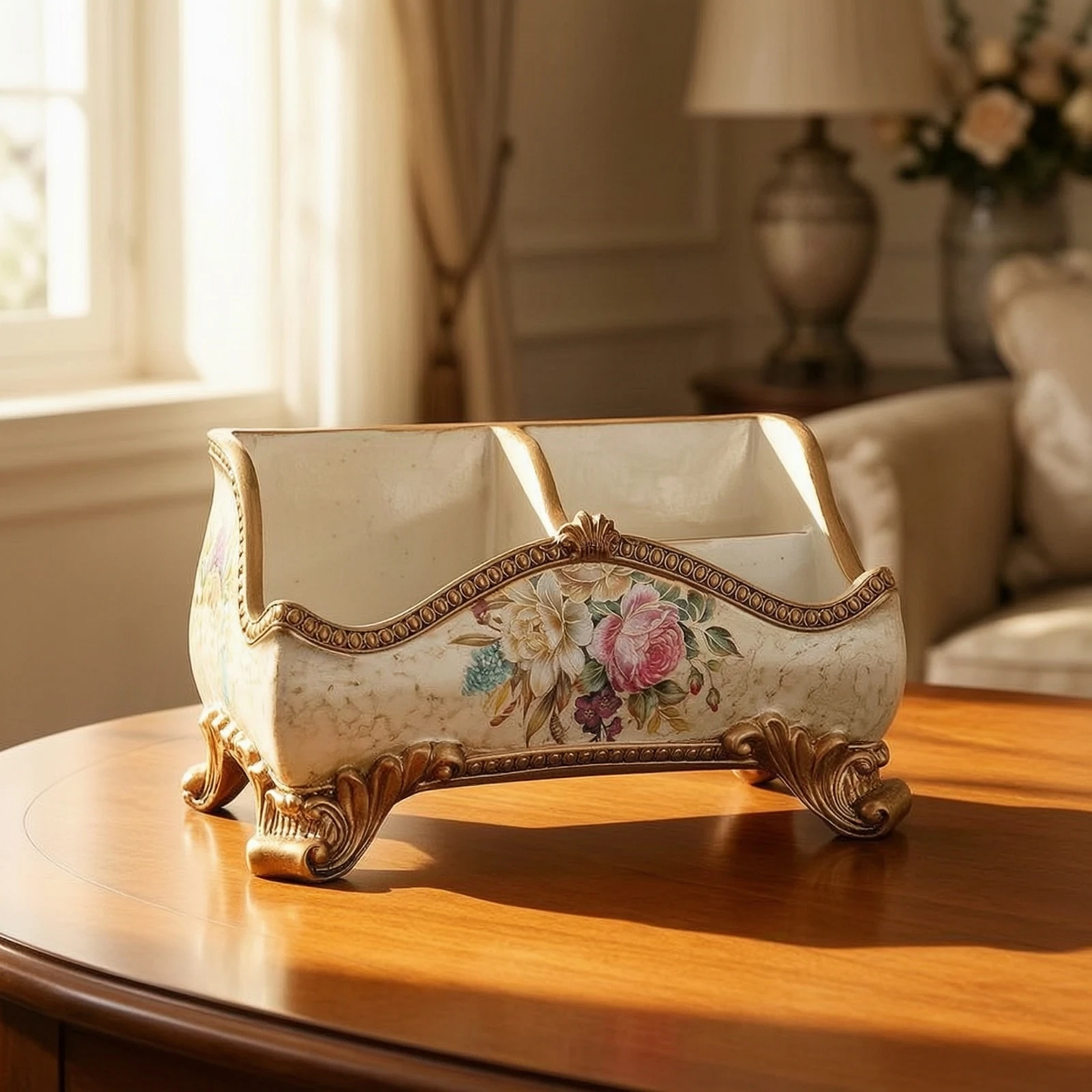 Tabletop Storage Box Vintage-Style Desktop Organizer Storage Box with Compartments Cream-Colored Organized for Vanity
