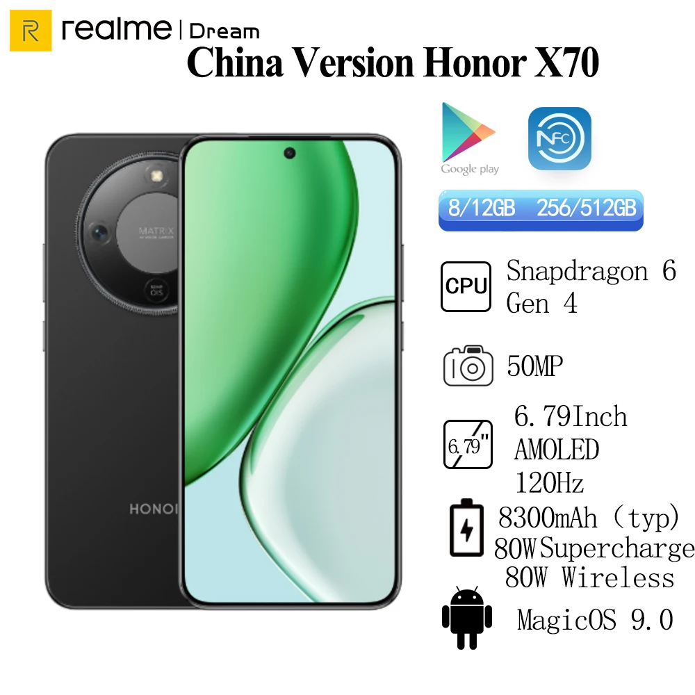 النسخة الصينية بطارية Honor X70 8300mAh 80W SuperCharge 80W شاشة لاسلكية 6.79 "120HZ كاميرا خلفية 50MP Snapdragon 6 Gen 4