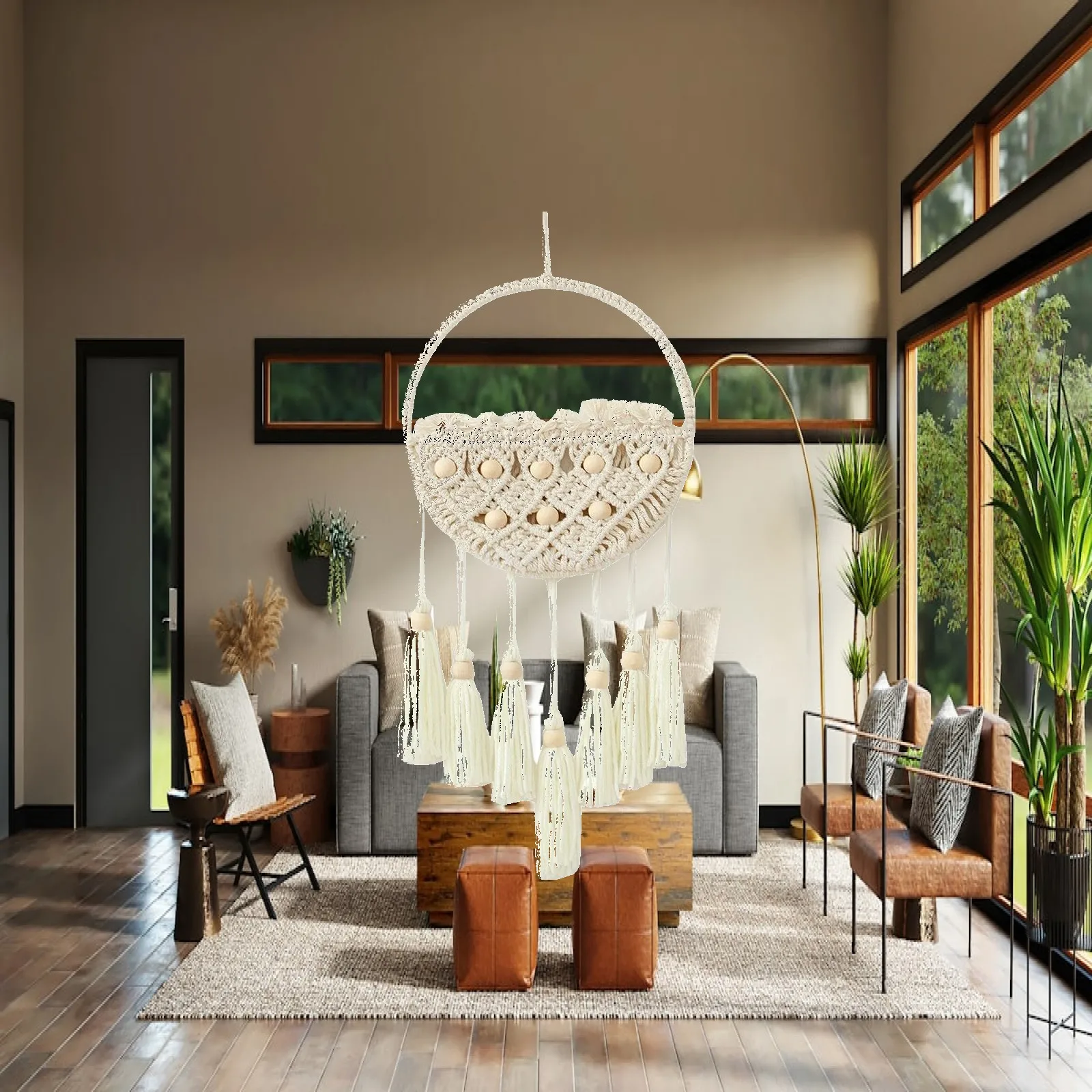 Beige Macrame Wall Tapestry Bohemian Door Pocket Geometric Round Mail Holder for Bedroom Apartment Room
