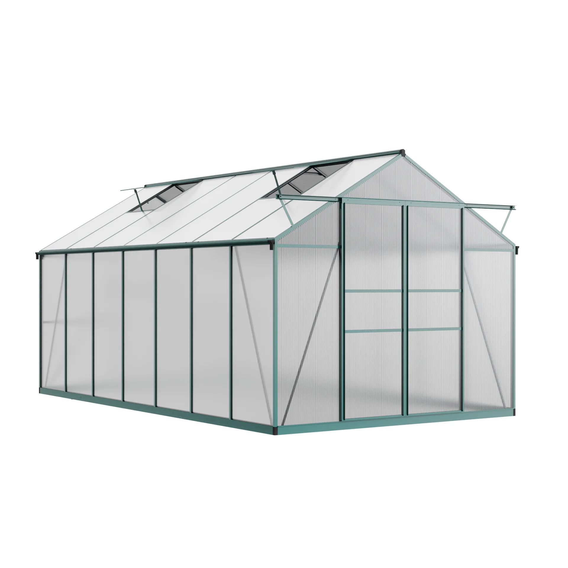 Green polycarbonate garden greenhouse with double sliding doors