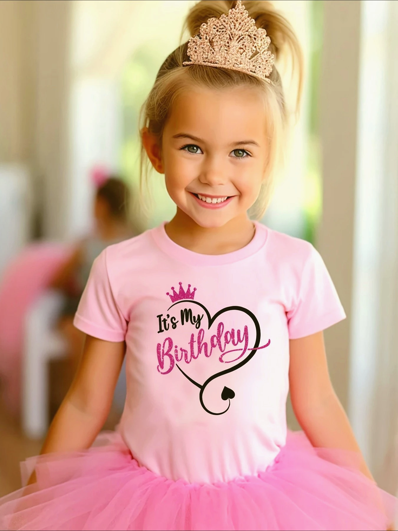 

Girls' 'It's My Birthday' Cartoon Print T-Shirt Comfy Round Neck Short Sleeve Top for Summer Ages 1-8 Children Clothing