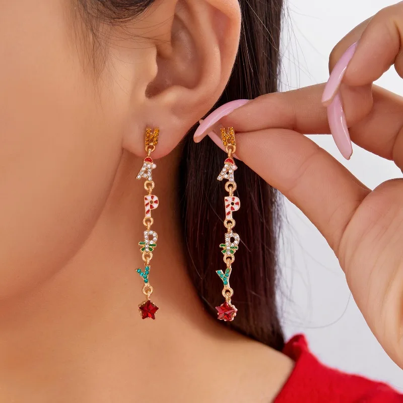 

New Christmas earrings with fashionable and versatile colors, set with zircon letters and tassel earrings for women