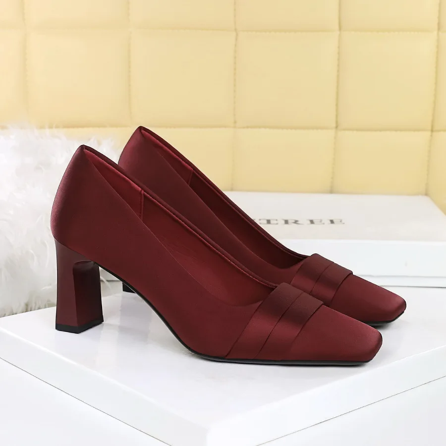 

BIGTREE Shoes square head Women Pumps silks satins High Heels Banquet dress with bridesmaid shoes chunky heel Ladies shoes New