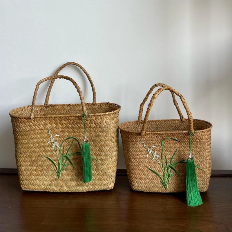 Retro Traditional Handmade Seagrass Embroidery Weaving Basket, New Chinese Style Handbag Tea Set Storage Handheld