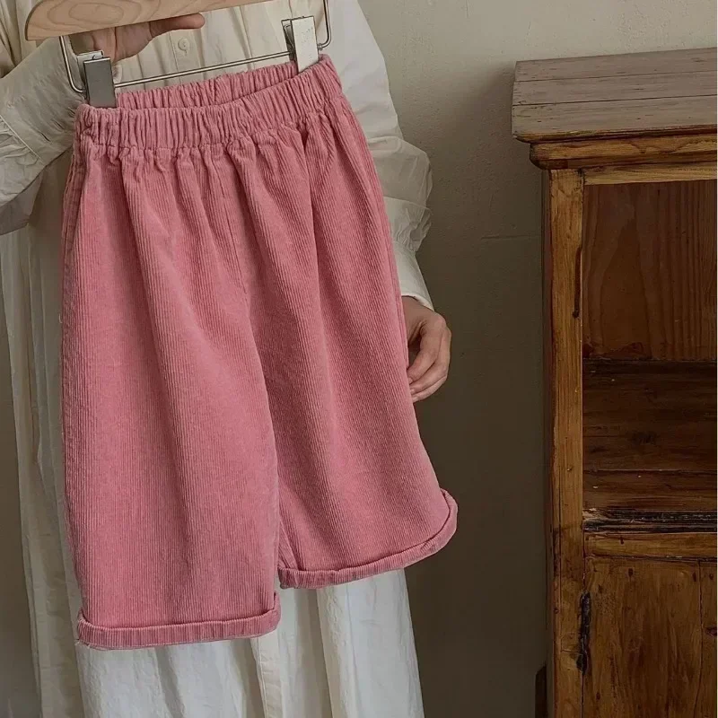 Children Clothing Kids Casual Pants Spring Autumn 2023 New Korean Style Solid Color Loose Simple Wide Leg Girls Corduroy Pants