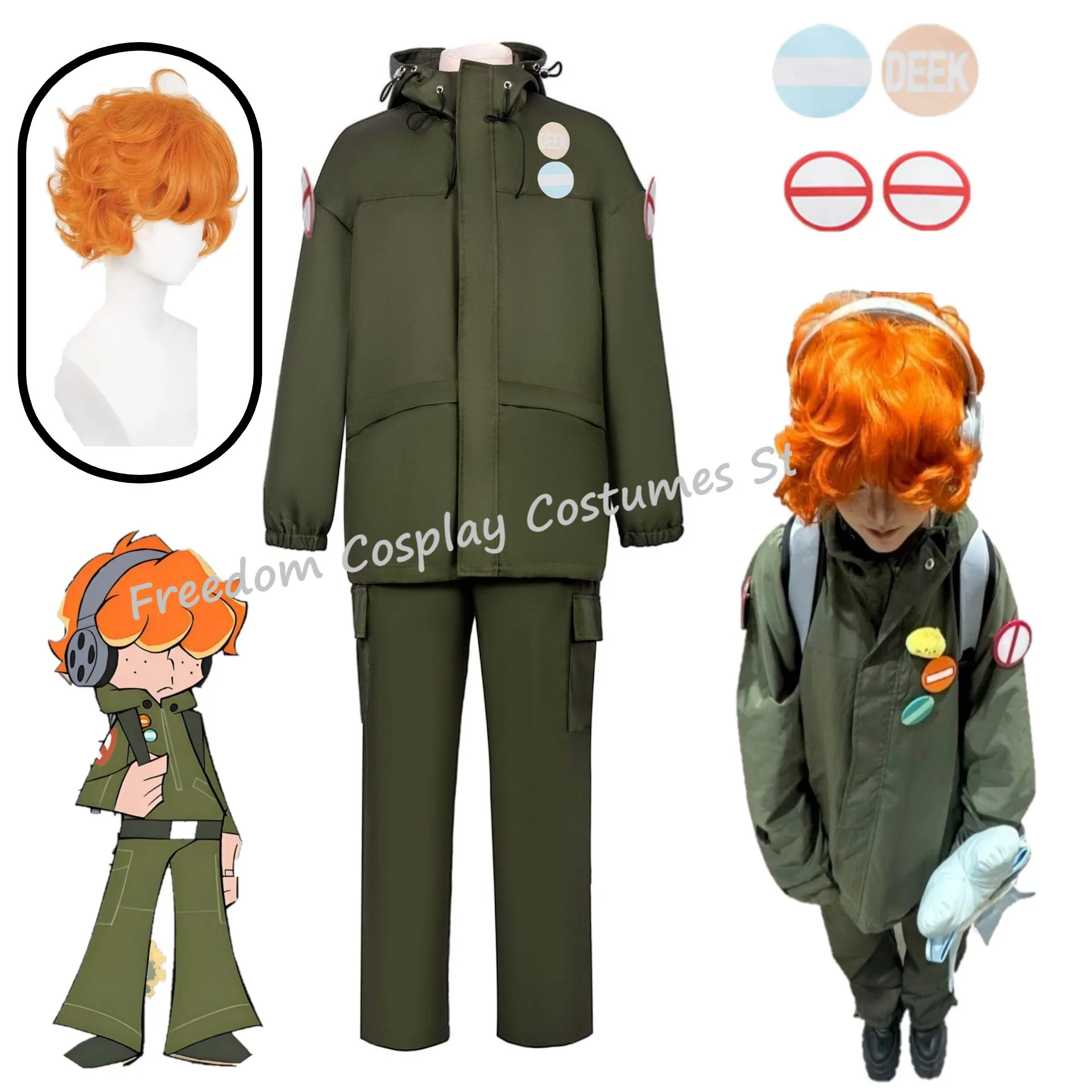 

Anime Brief Cosplay Costume Outdoor Jackets Wig Badge Orange Short Curly Wig Green Coat Hoodie For Halloween Party Men