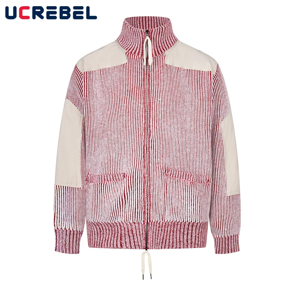 

Patchwork Striped Knitted Cardigan Mens Spring High Street Pocket Stand Collar Long Sleeve Sweatercoat Men