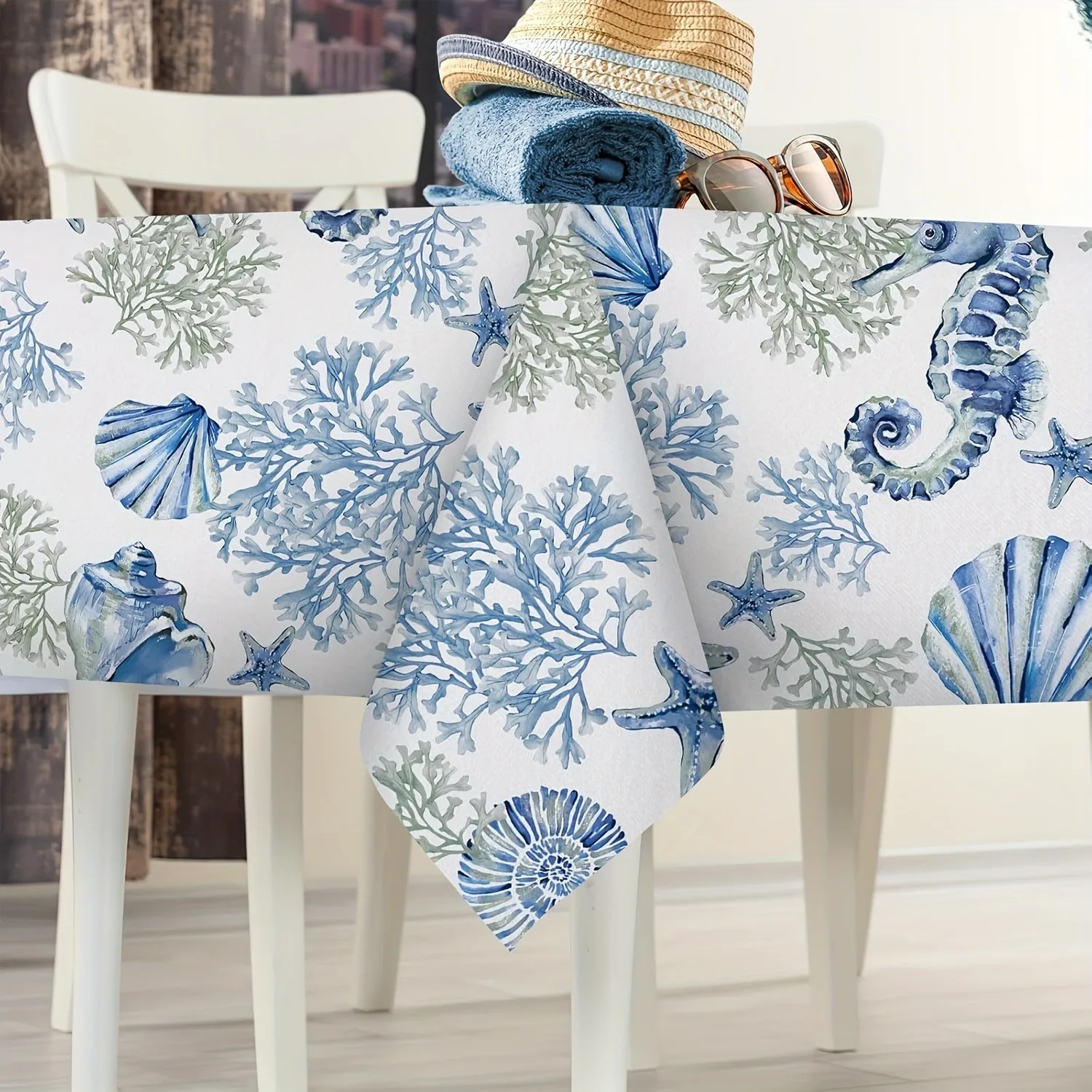 Coastal Style Linen Tablecloth - Blue Beach Theme, Decorated with Conch Shells and Seahorses
