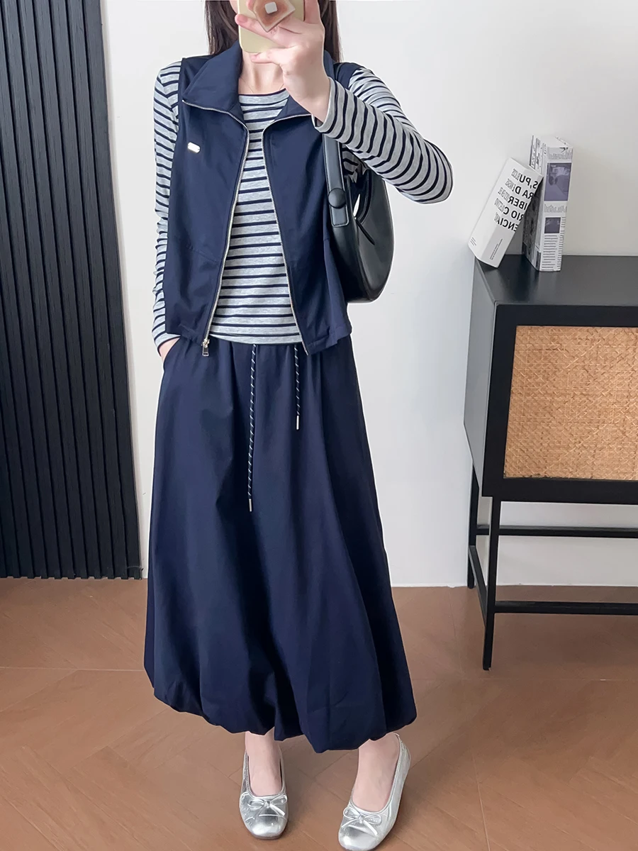 

Полосатый комплект из футболки с длинным рукавом, жилета и расклешенной юбки с высокой талией, повседневный осенний наряд для женщин