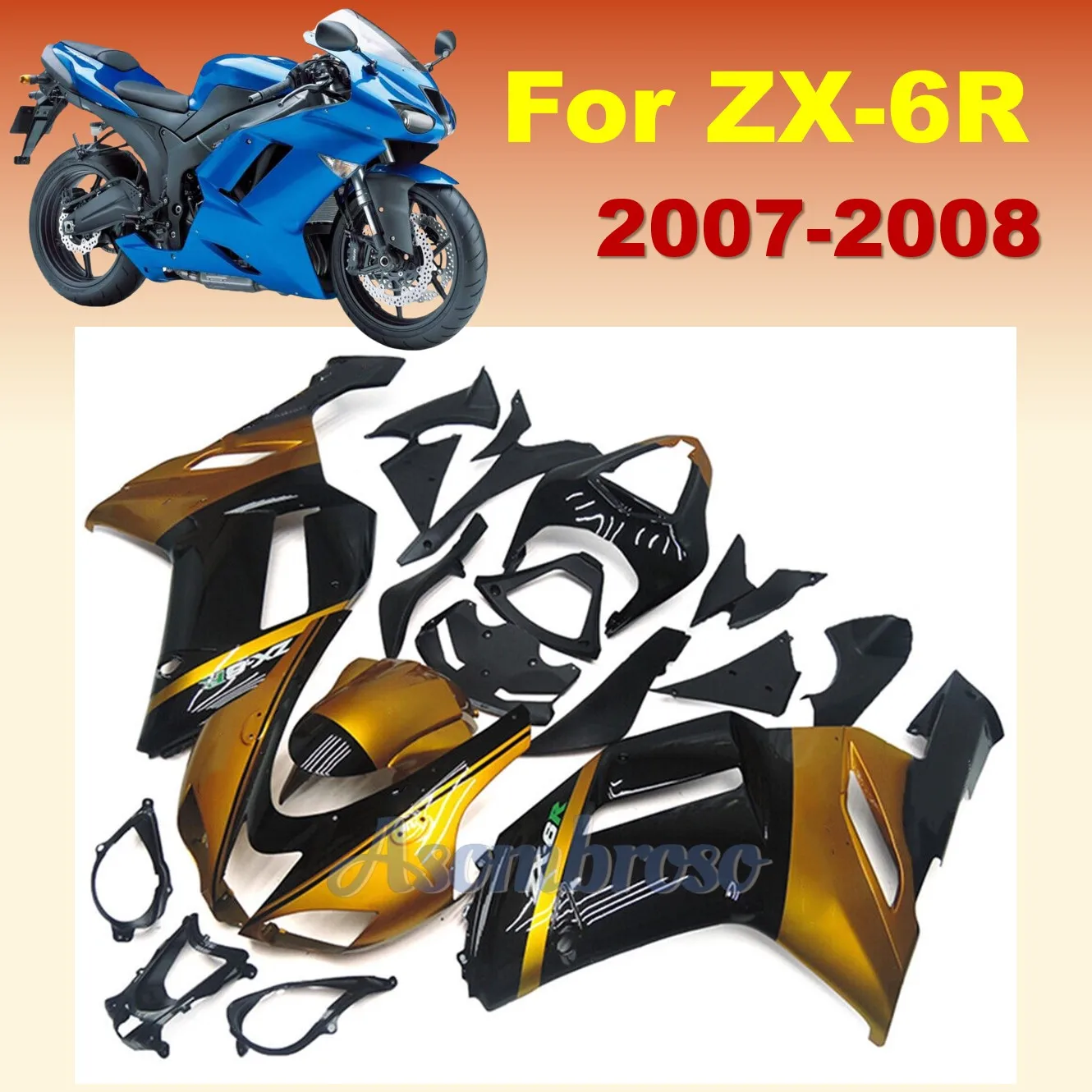 Aftermarket Parts Fairing kit For Ninja ZX-6R 07 08 ZX 6R ZX636 2007 2008 ZX 636 ZX6R golden black Motocycle Body Shell