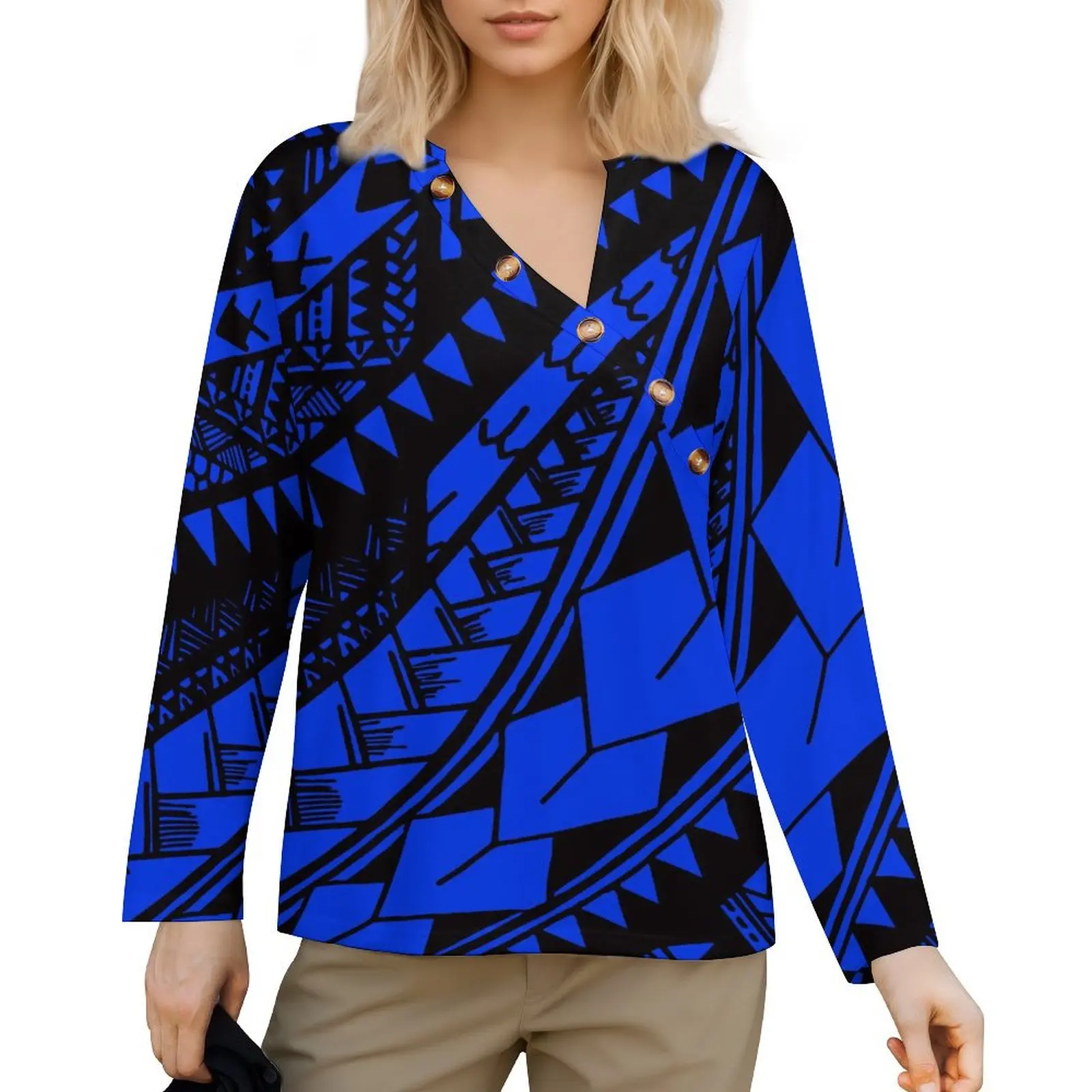 Alta qualidade atacado personalizado samoa polinésia tribal impressão gola diagonal camiseta feminina manga longa duick-seco oversize feminino