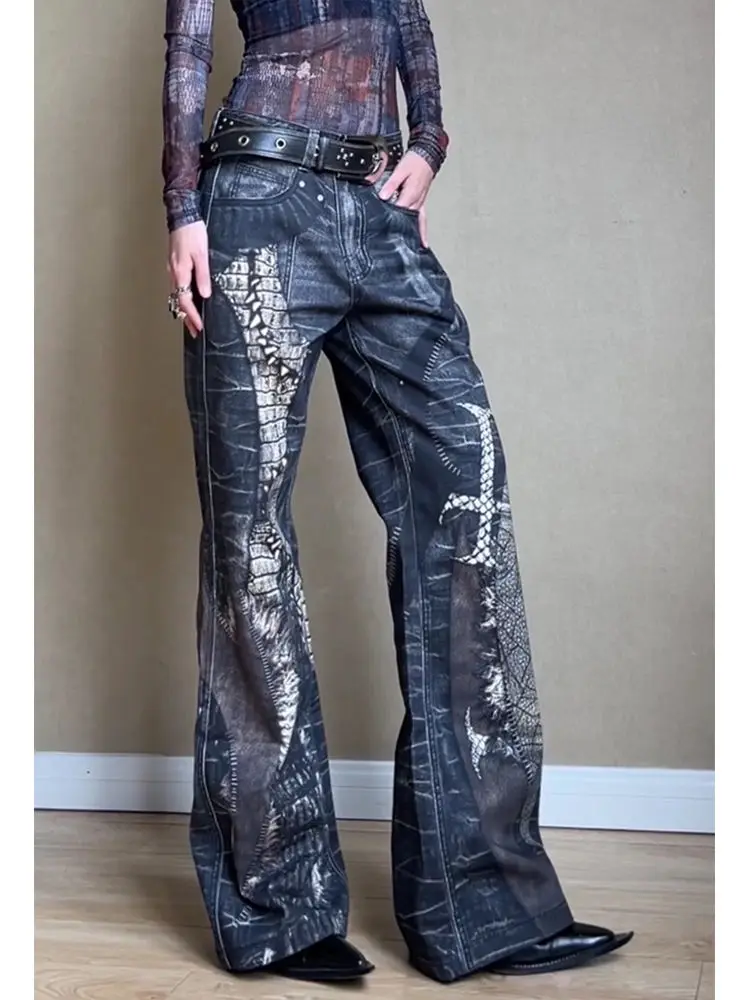 ADAgirl Retro Snake Printed Flared Jeans Women Cross Print High Waist Mujer Do Old Boot Cut Denim Pants Hip Hop Y2k Chic Bottoms