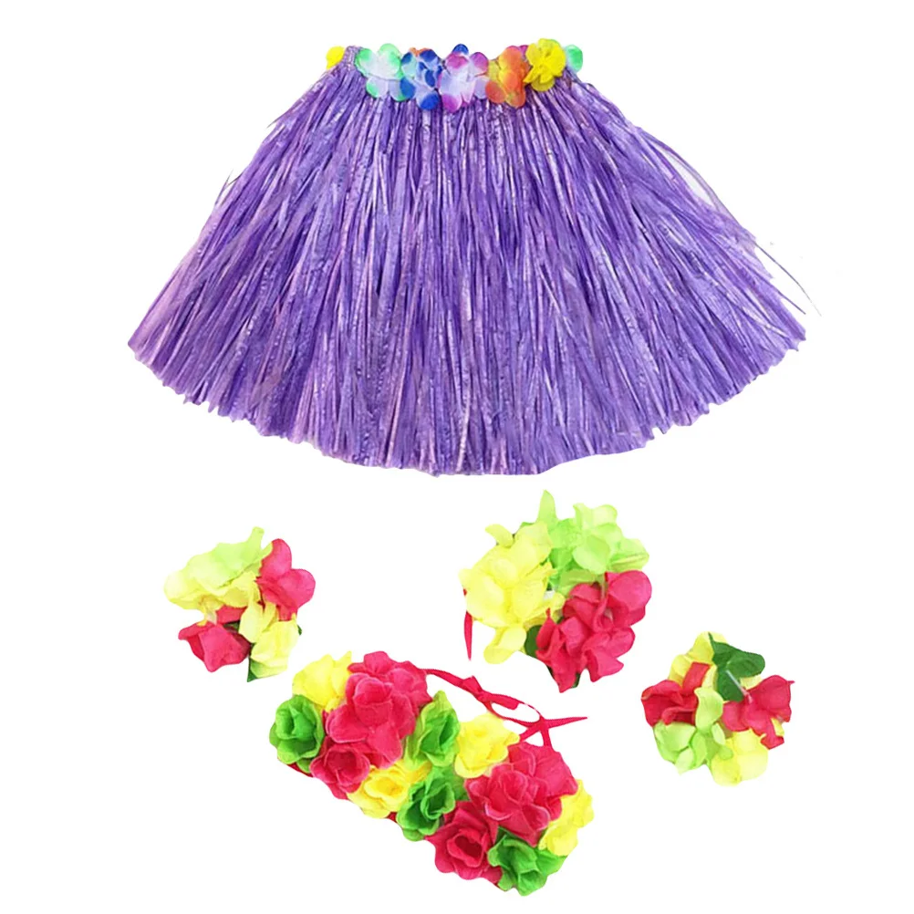 

5 шт. хула танцевальный костюм красочная травяная юбка Луау аксессуары для вечеринок женский гавайский наряд бюстгальтер браслеты повязка на голову эластичная талия