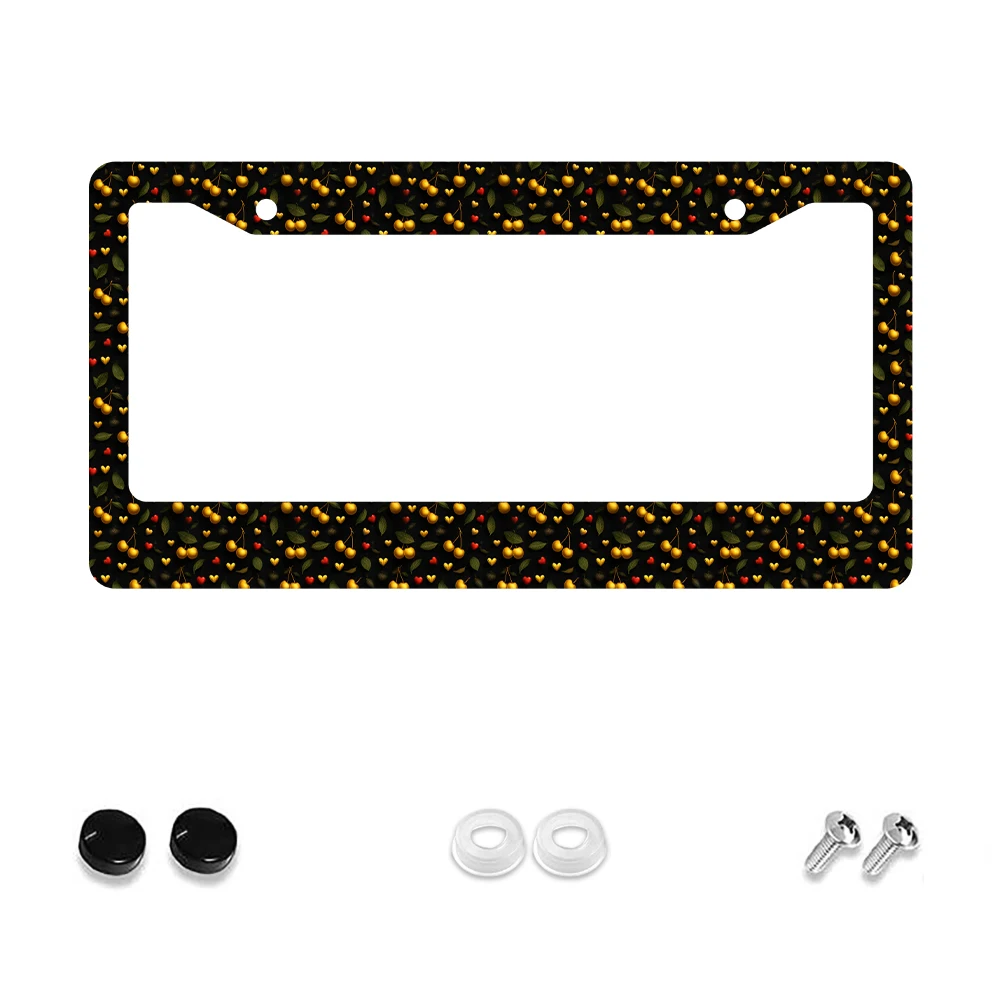 

1pc Black Color Cherry Pattern 2 Hole License Plate Frame Aluminum Material 6x12 Inches with Screw Set Retro Novelty Car Decora