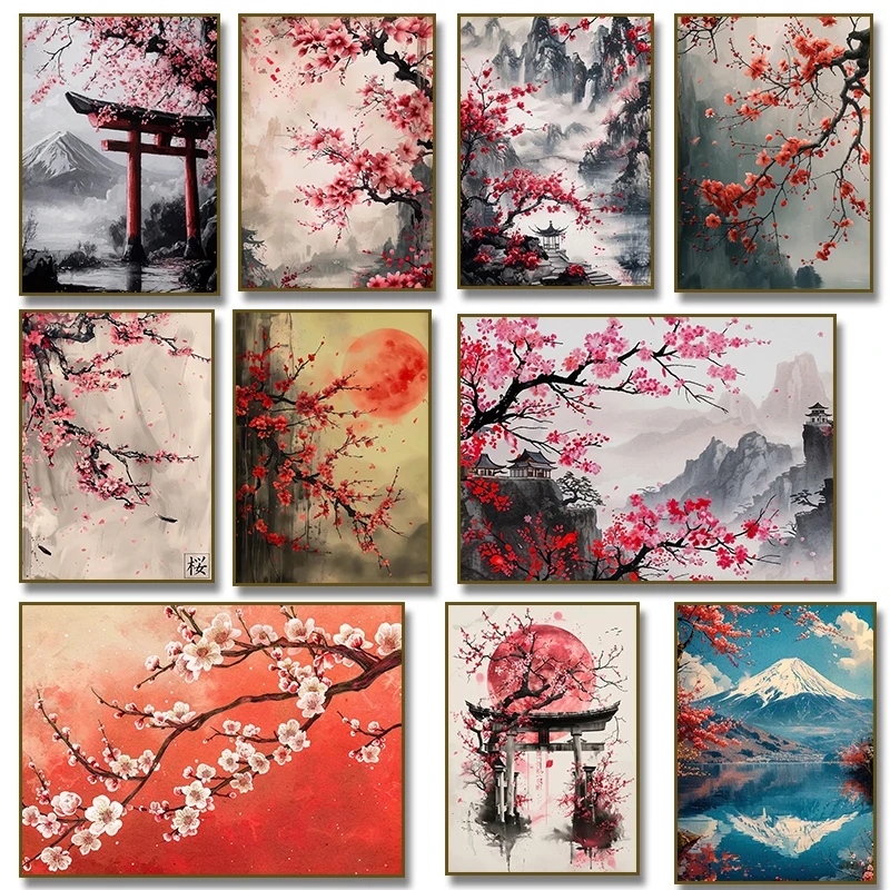 1 Stück rahmenloses Leinwandgemälde, Vintage-Poster mit japanischer Kirschblüten-Berglandschaft, rosa Blumenlandschaft, Leinwandgemälde Wa