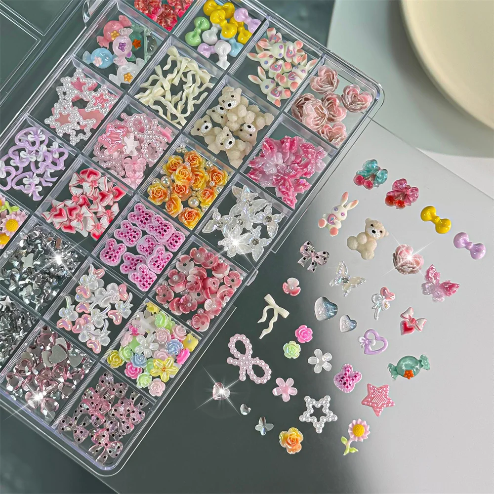 24Grids Acrylic Nail Ornaments Playful Whimsical Candy Star Lace Pearl Mini Teddy Bow for Festival Nail Makeup Long-Lasting