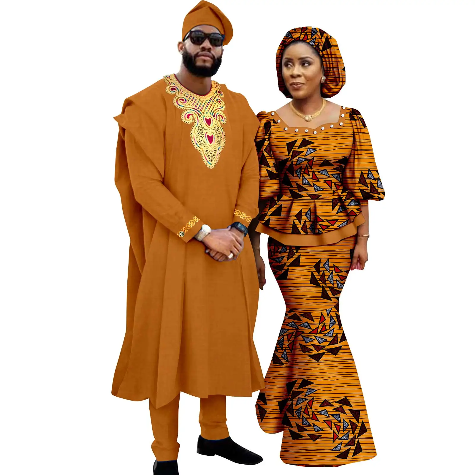 African Men Clothes Agbada Muslim 4 Pieces Robes Cap Sets Matching Couple Outfits Women Print Top and Skirt Headwrap Y23C060