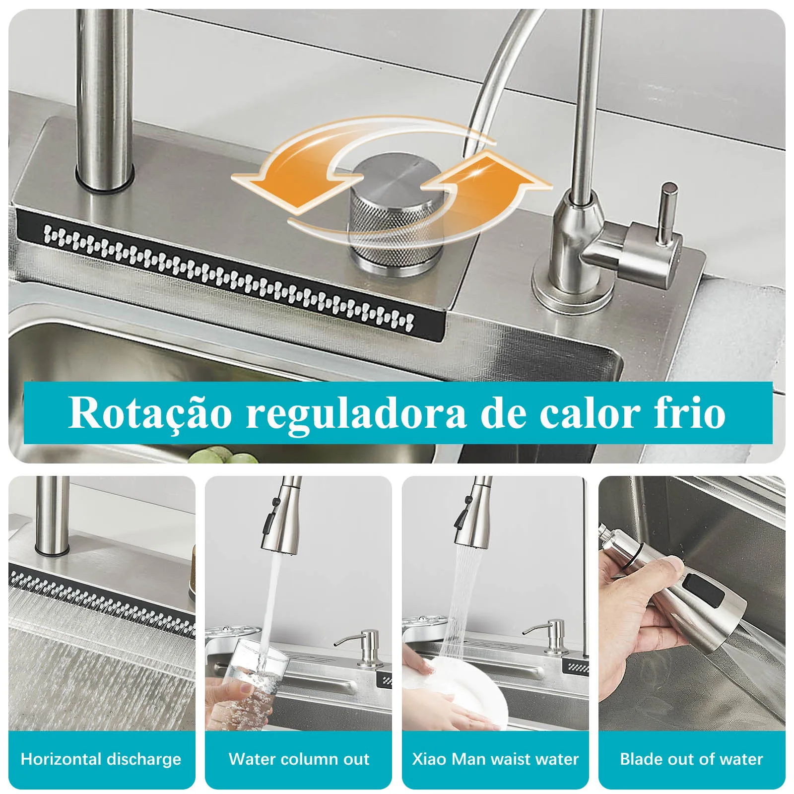 304 شلال من الفولاذ المقاوم للصدأ بالوعة المطبخ خزان واحد كبير مع مجموعة صنبور سحب خلاط الماء الساخن البارد الصنابير والحوض #2