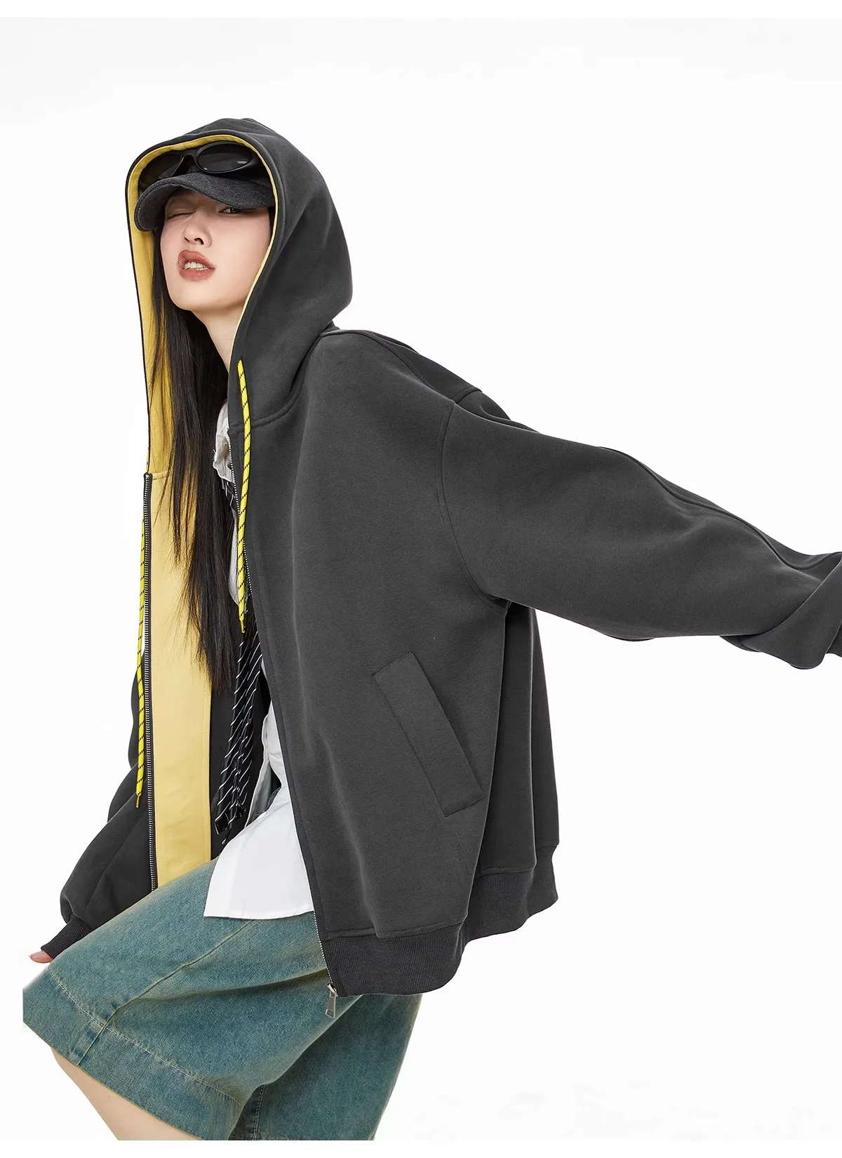 Retro Zipper Hooded Sweatshirt American Contrast Color Basic Student Style Loose Long Sleeve Versatile Spring Autumn Cardigan