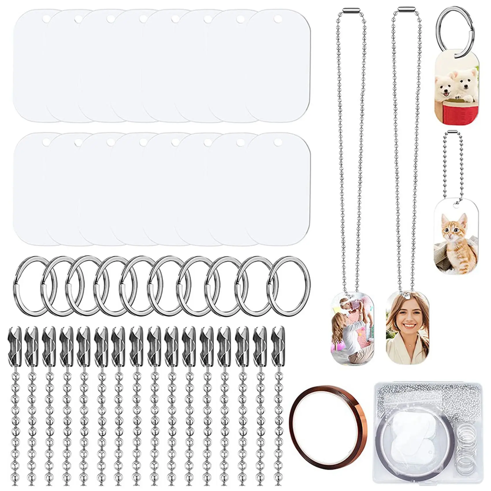 88Pcs Sublimation Stamping Blank Aluminum Dog Tags, With Chain Necklace Chain Key Rings Heat Tape For Pet ID, Pendant-ABLI