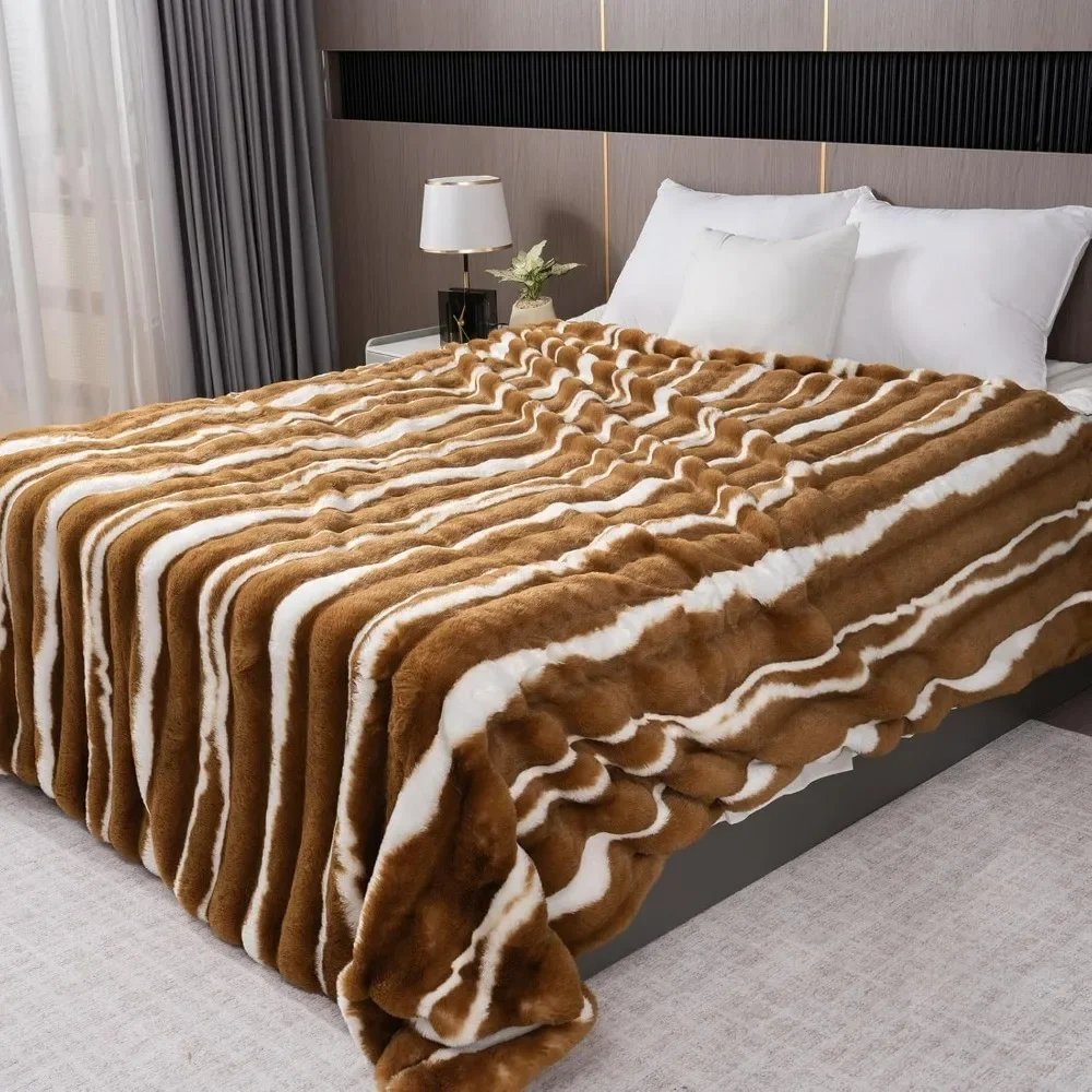 Imitation rabbit fur blanket, soft, thick, warm and fluffy striped blanket for autumn and winter, brown 90x90 inches