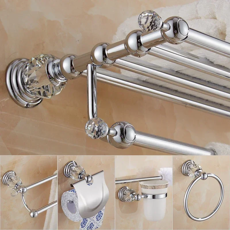 Bathroom Accessories set Brass Shower Shelf  Toilet Paper Holder Silver Crystal Wall Mounted Towel Bar Toilet Brush Holder