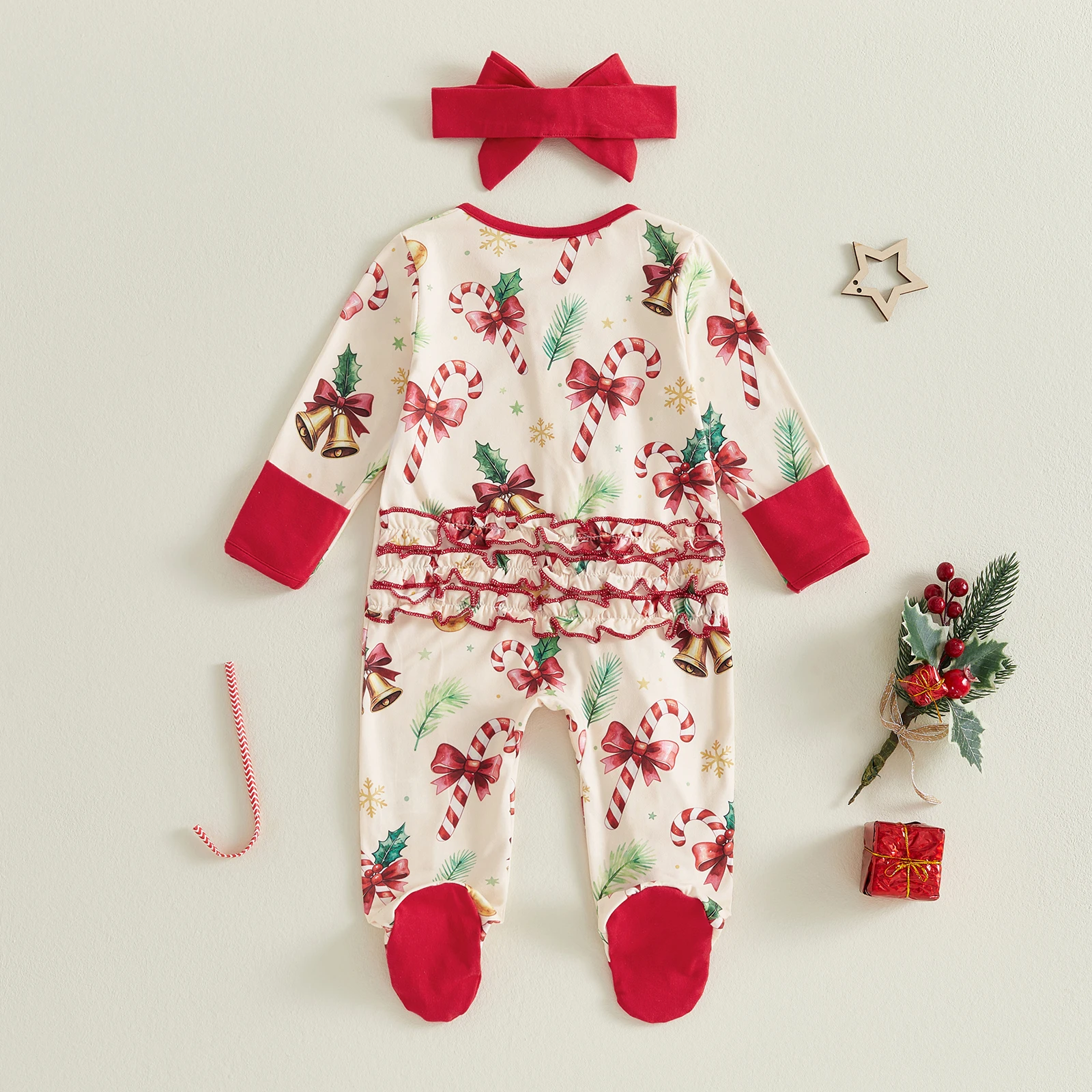 Baby Girl Christmas Outfit Crew Neck Long Sleeve Footie Rompers  Bow Headband 2Pcs Xmas Baby Jumpsuits Clothes
