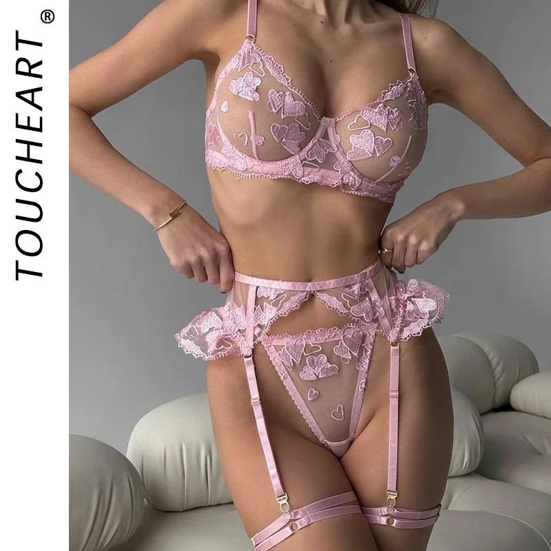 

Toucheart 4 Piece Set Sexy Embroidery Underwear Set Women Solid Color Mesh See-through Lace Patchwork Sexy Garters Underwear Set