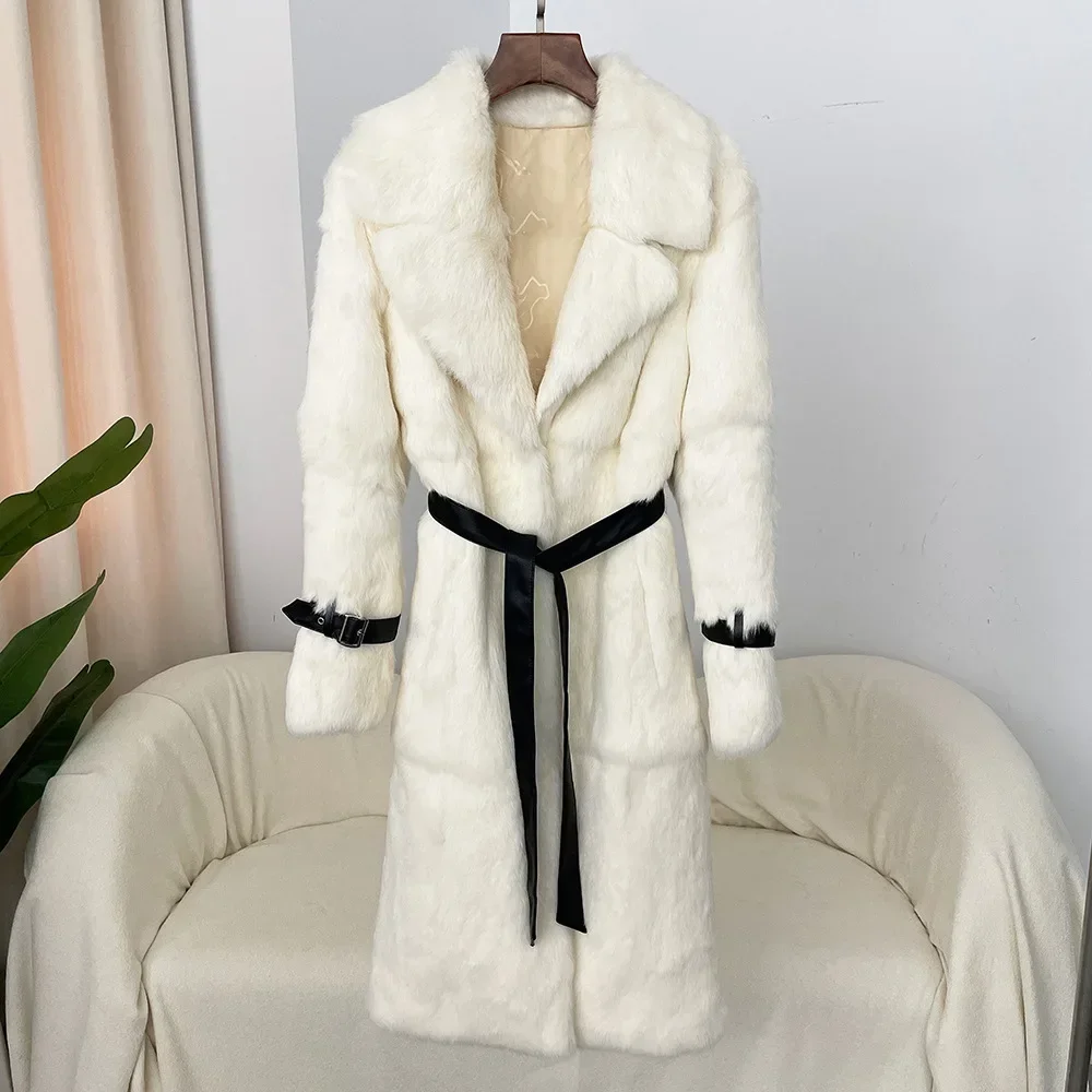 Autumn Winter Over Knee Whole Leather Imported Rabbit Fur Coat Women Fashion Leopard Print Coat Thickened Warm Fur Integrated