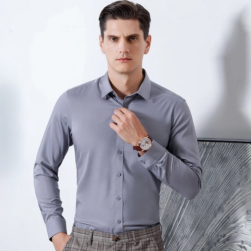 6XL 7XL 8XL 2023 Spring and Autumn New Solid Elastic Non-iron Wrinkle Resistant Bamboo Fiber Slim Fit Shirt Men\'s Long Sleeve