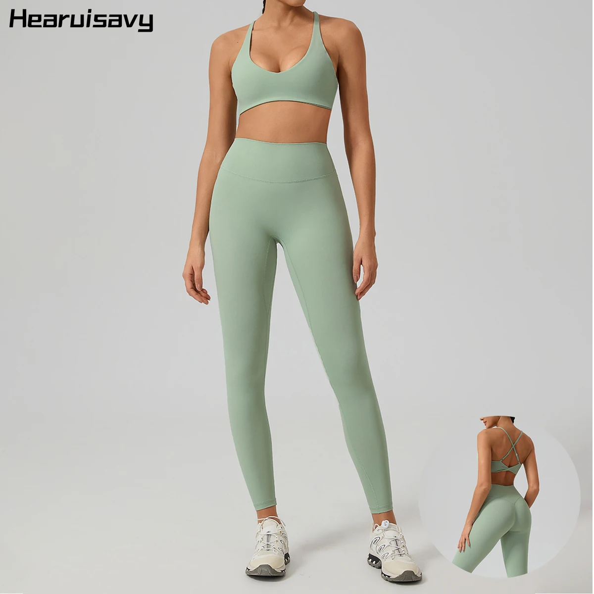 Hearuisavy Fitness-Set 2-teilig Überkreuzter Rücken Sport-BH Atmungsaktive Schnelltrocknende Yoga-Hose Hochgeschnittene Workout-Leggings für Damen