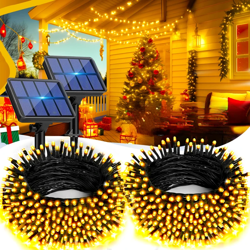 Outdoor impermeável LED Solar String Lights, Luzes de Natal, pátio exterior, quintal, árvore, decorações de jardim, 8 modos