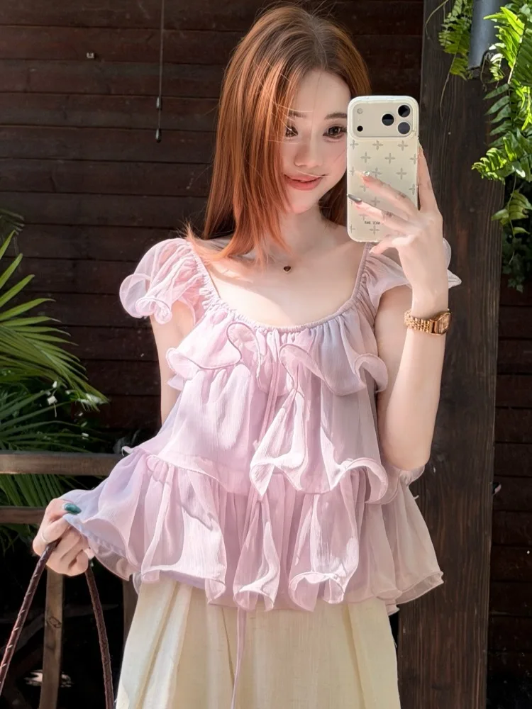 

Sweet Gentle Style Women's Shirt U-Neck Flounce Loose Slimming Versatile Short Sleeve Breathable Comfortable Korean Version
