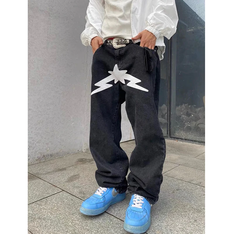 Punk Men Hip Hop Denim Pant Streetwear Aesthetic Graphic Black Vintage Pants Harajuku Cotton Joggers Jeans Trousers Harem Pants