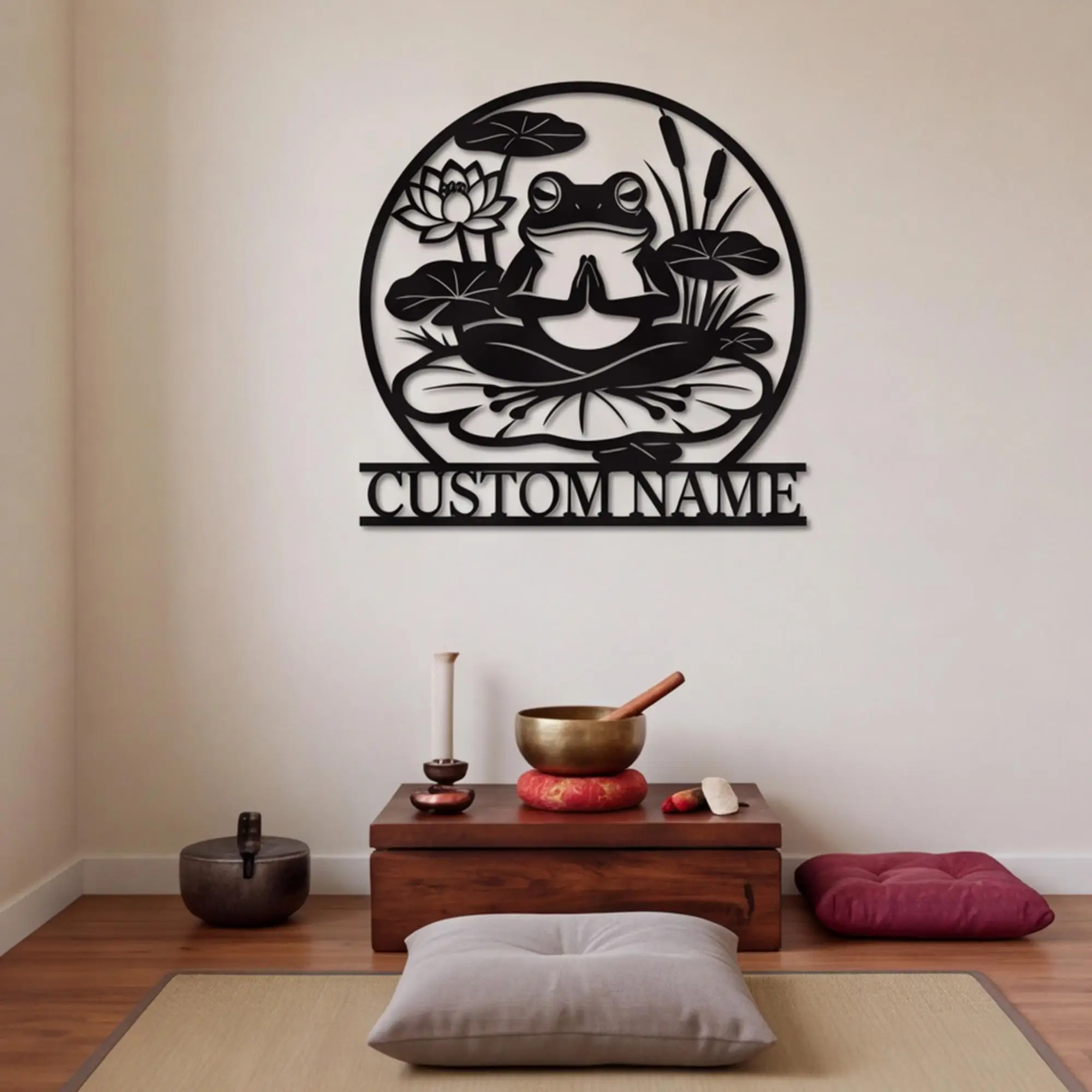 Personalized Zen Frog Metal Sign, Meditation Frog Wall Art, Lotus Pond Garden Decor, Custom Name Outdoor Sign