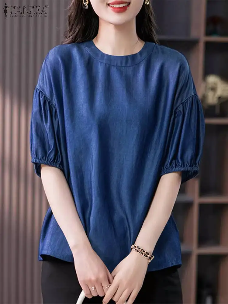 

ZANZEA 2024 Summer Vintage Blue Elastic Cuffs Tunic Women Lantern Half Sleeve Blouse Loose Round Neck Blusas Female Office Tops